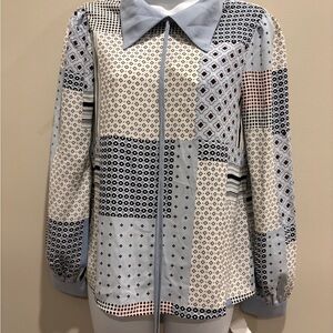 Eichi Too "Unique" Light Blue, Cream, Black Print w/ Blue Collar, Long sleeve sm